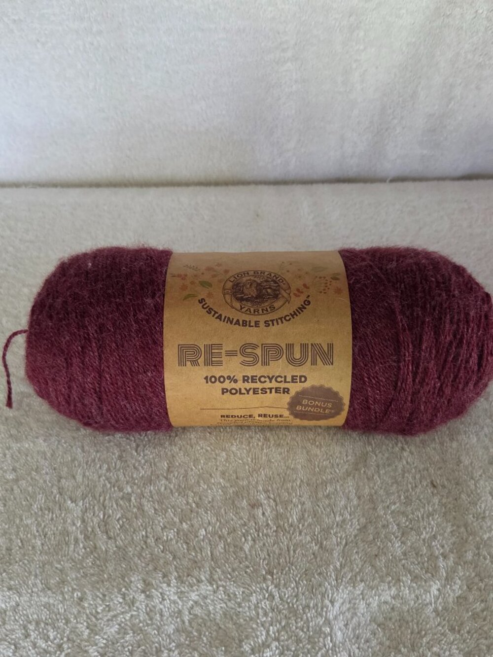 Lion Brand Re-Spun 100% Recycled Polyester 10oz 658yd Color 189 Wine